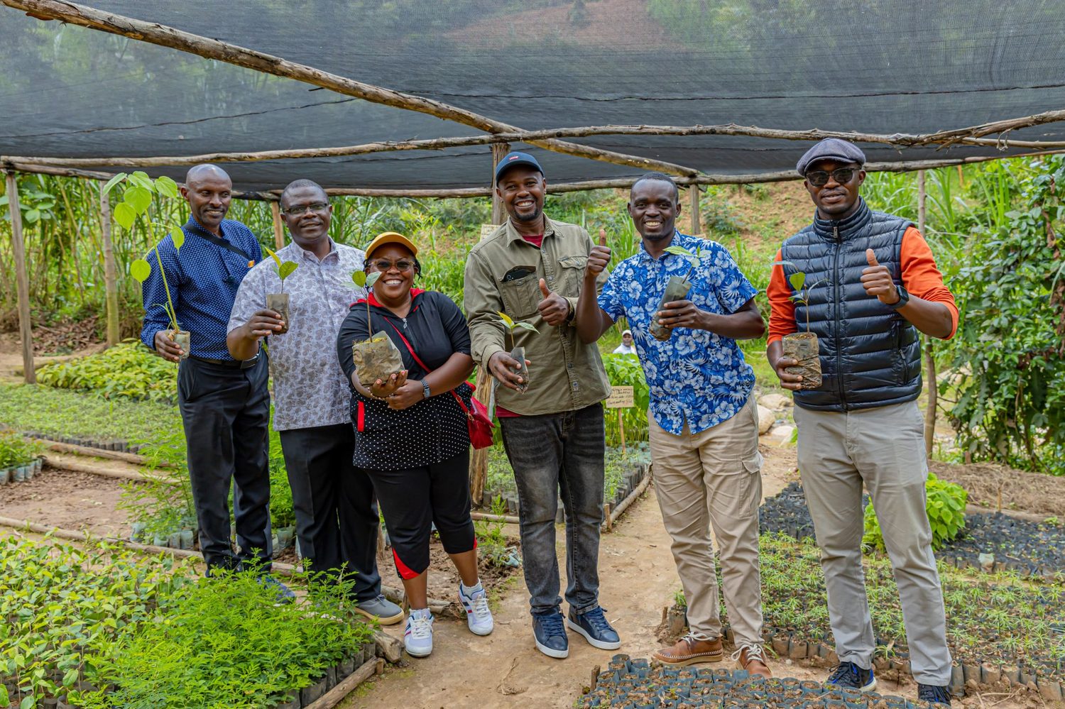 Youth leaders holding tree seedlings at a wetland nursery